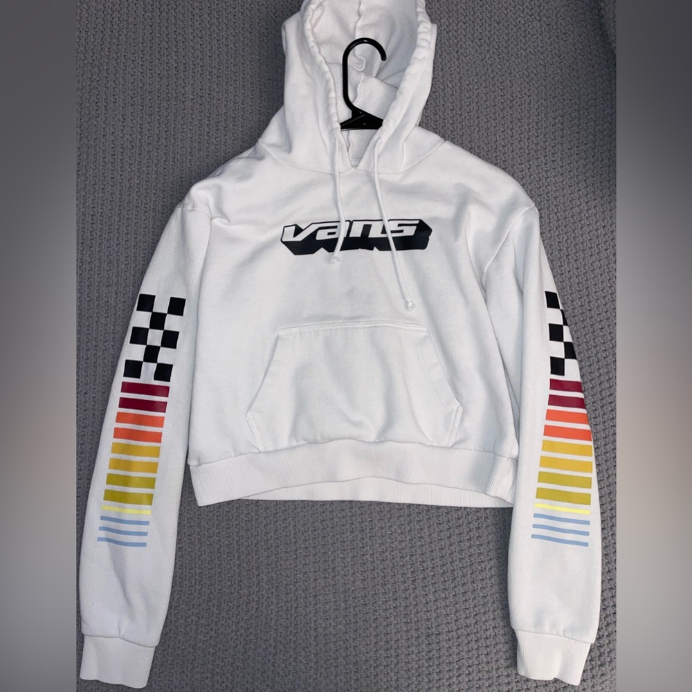 Vans White Pullover Cropped Hoodie with Rainbow Stripe Sleeves